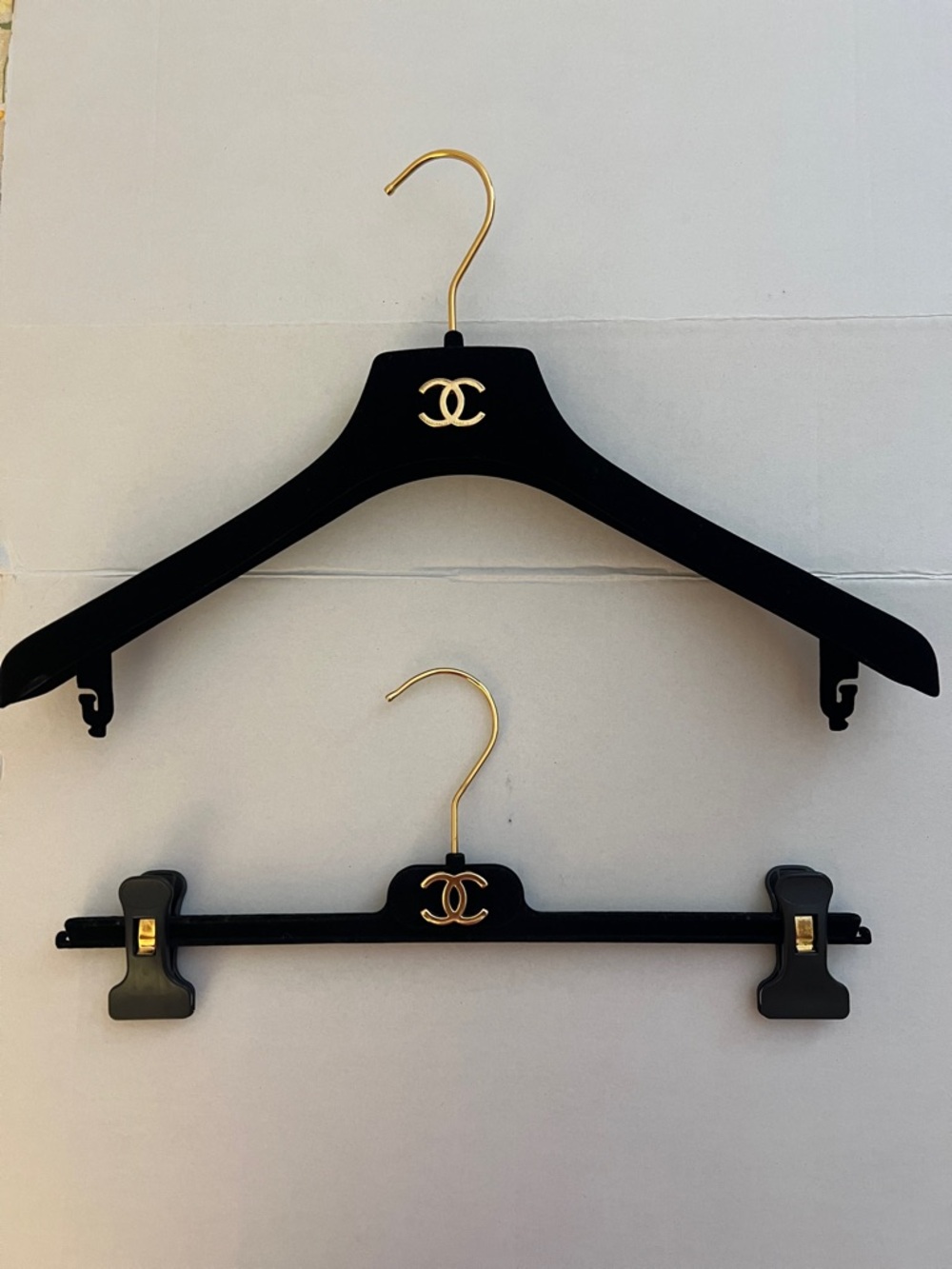 CHANEL Black Velvet Hangers with Gold CC Hardware (Pair)